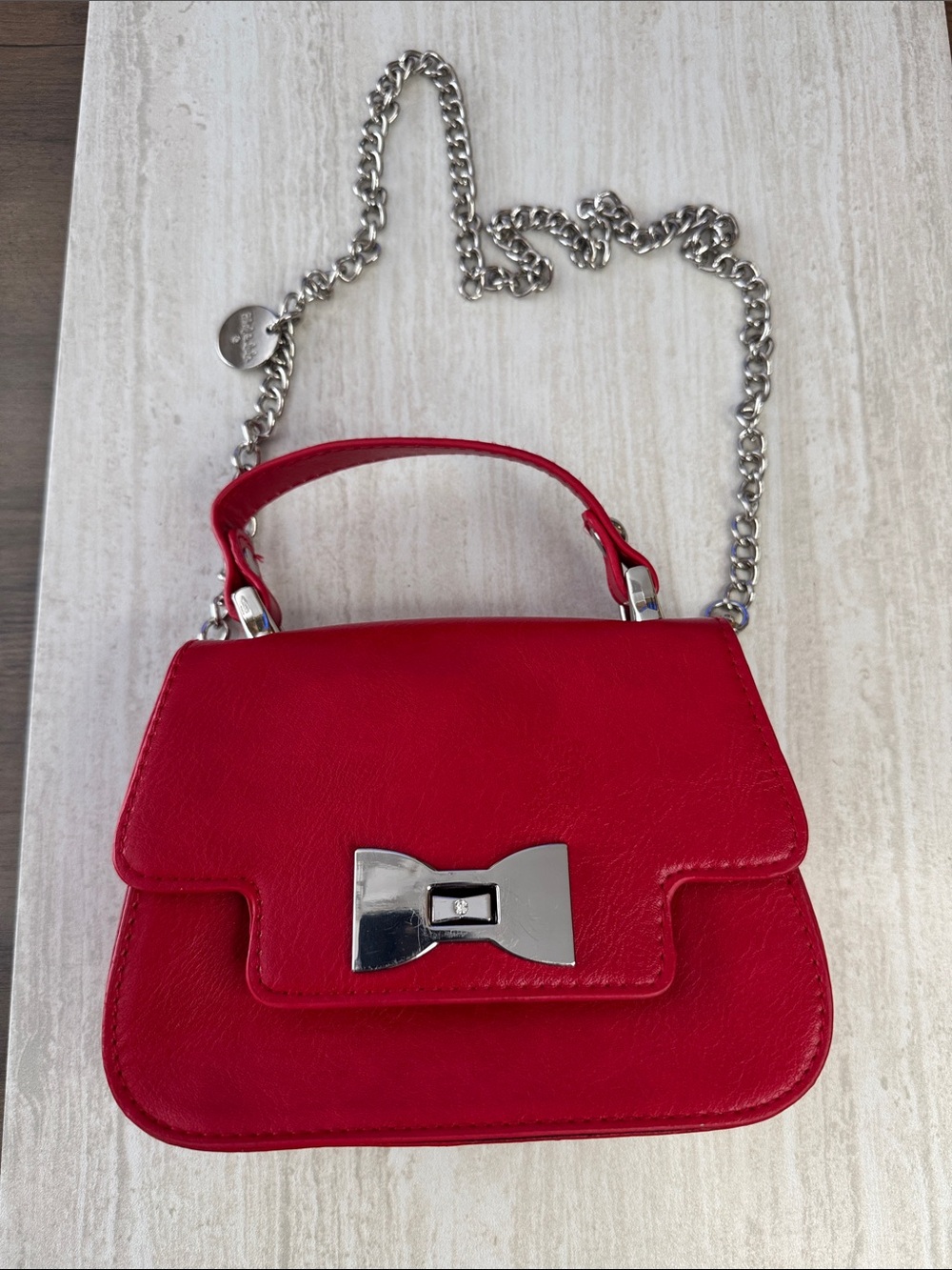 Red Leather Top-Handle Crossbody Bag with Silver Chain